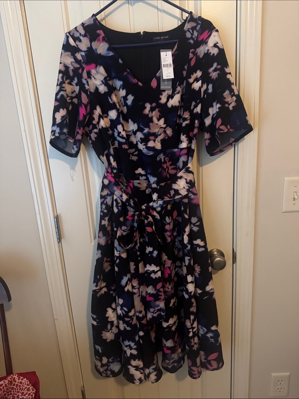 Lane Bryant Black Midi Dress with Pink, Cream and Blue Floral Print